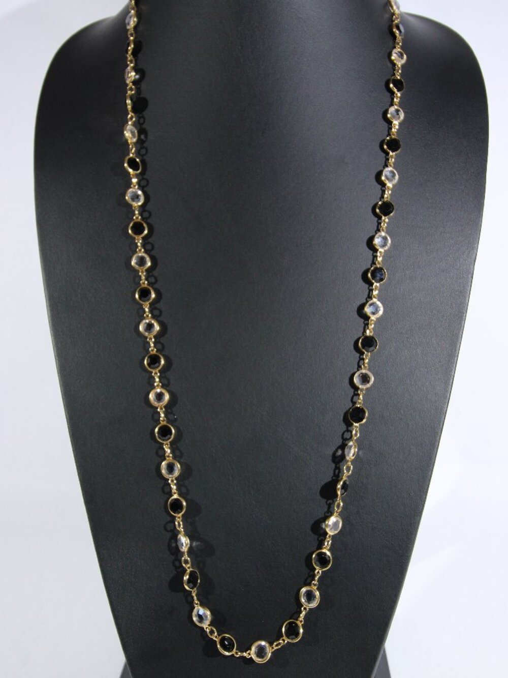 Austrian Crystal Bezel Gold Tone Necklace w/ Black and Clear Faceted Crystals